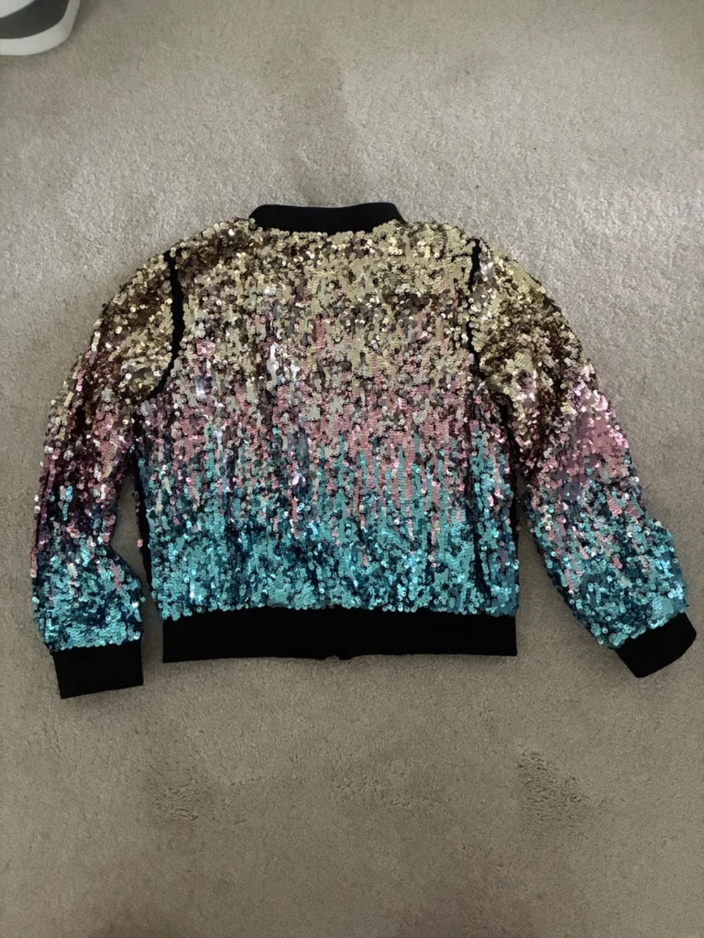 Kids size 6-7y H&M Ombre Sequin Bomber Jacket in Gold, Pink & Teal